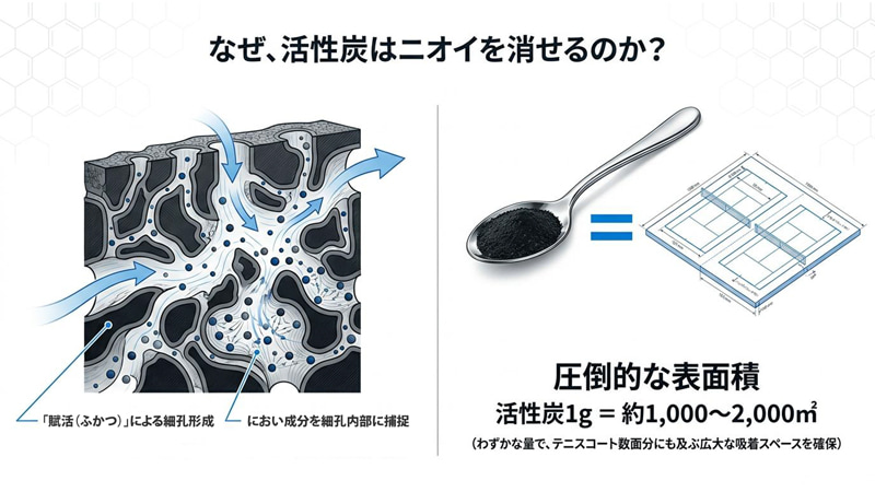活性炭がニオイを消す仕組みイラスト