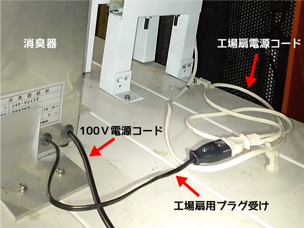 消臭器から伸びる電源コードとプラグ受け